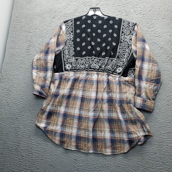 Tricia Fix Blouse Womens S Multi Plaid Paisley Upcycled Mixed Media Drawstring - Picture 2 of 6
